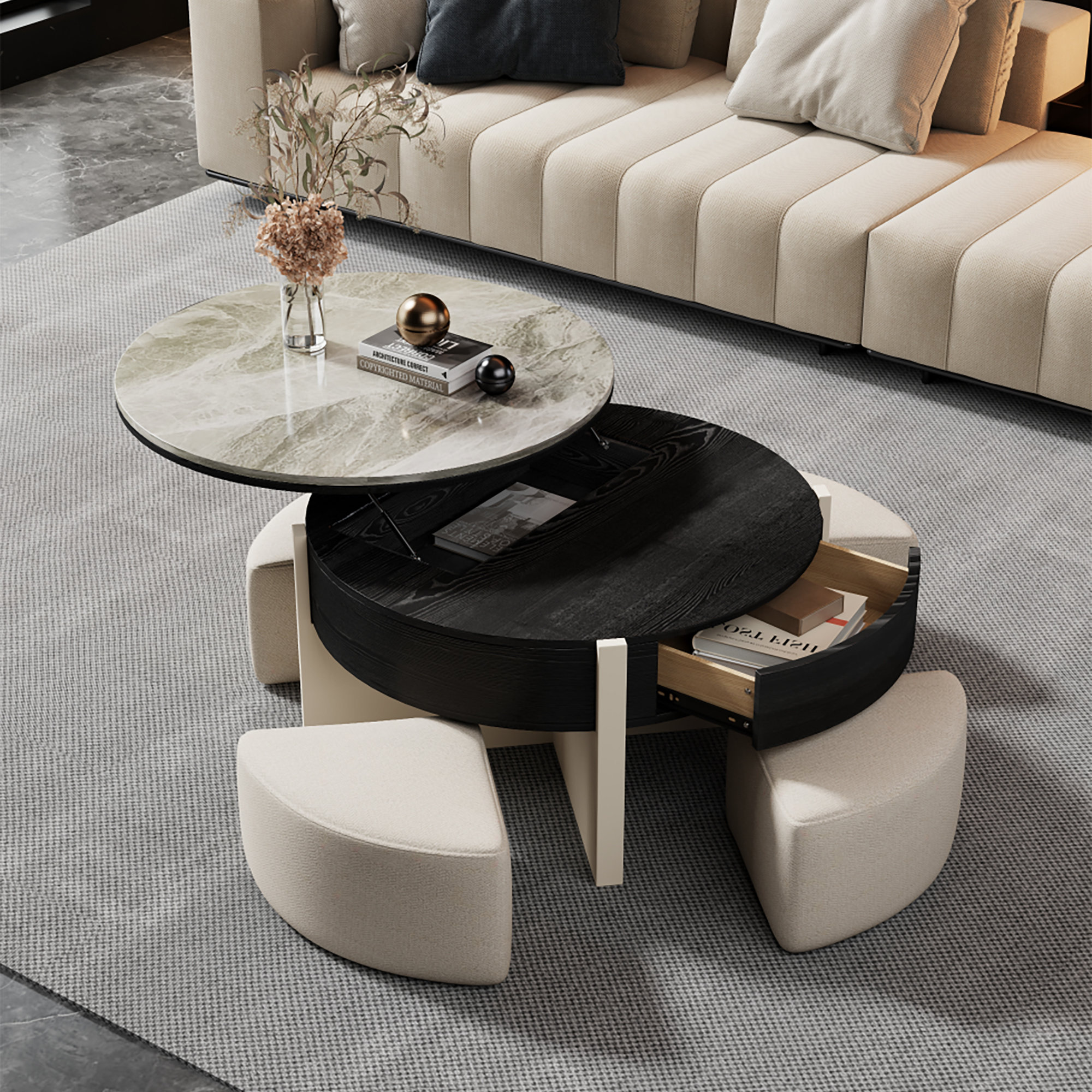 Ivy Bronx Yvelle 31.5" Faux Marble Round Coffee Table with 4 Hidden ...